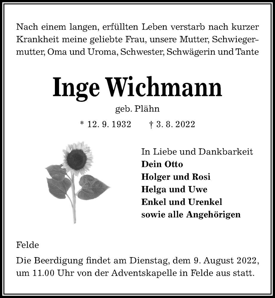  Traueranzeige für Inge Wichmann vom 06.08.2022 aus Kieler Nachrichten