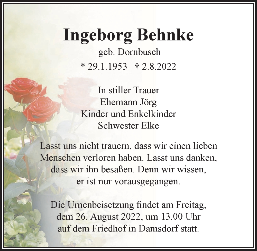  Traueranzeige für Ingeborg Behnke vom 06.08.2022 aus Märkischen Allgemeine Zeitung