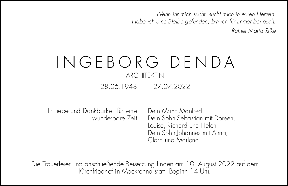  Traueranzeige für Ingeborg Denda vom 06.08.2022 aus Torgauer Zeitung