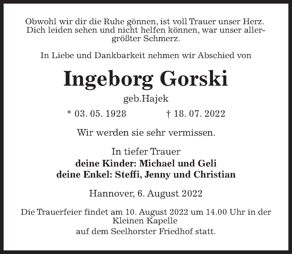  Traueranzeige für Ingeborg Gorski vom 06.08.2022 aus Hannoversche Allgemeine Zeitung/Neue Presse