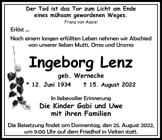 Traueranzeige von Ingeborg Lenz von Märkischen Allgemeine Zeitung
