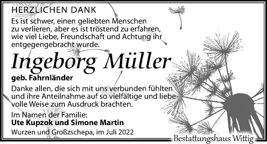 Traueranzeige von Ingeborg Müller von Leipziger Volkszeitung
