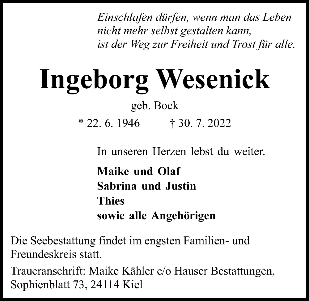  Traueranzeige für Ingeborg Wesenick vom 06.08.2022 aus Kieler Nachrichten