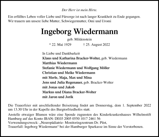 Traueranzeige von Ingeborg Wiedermann von Lübecker Nachrichten