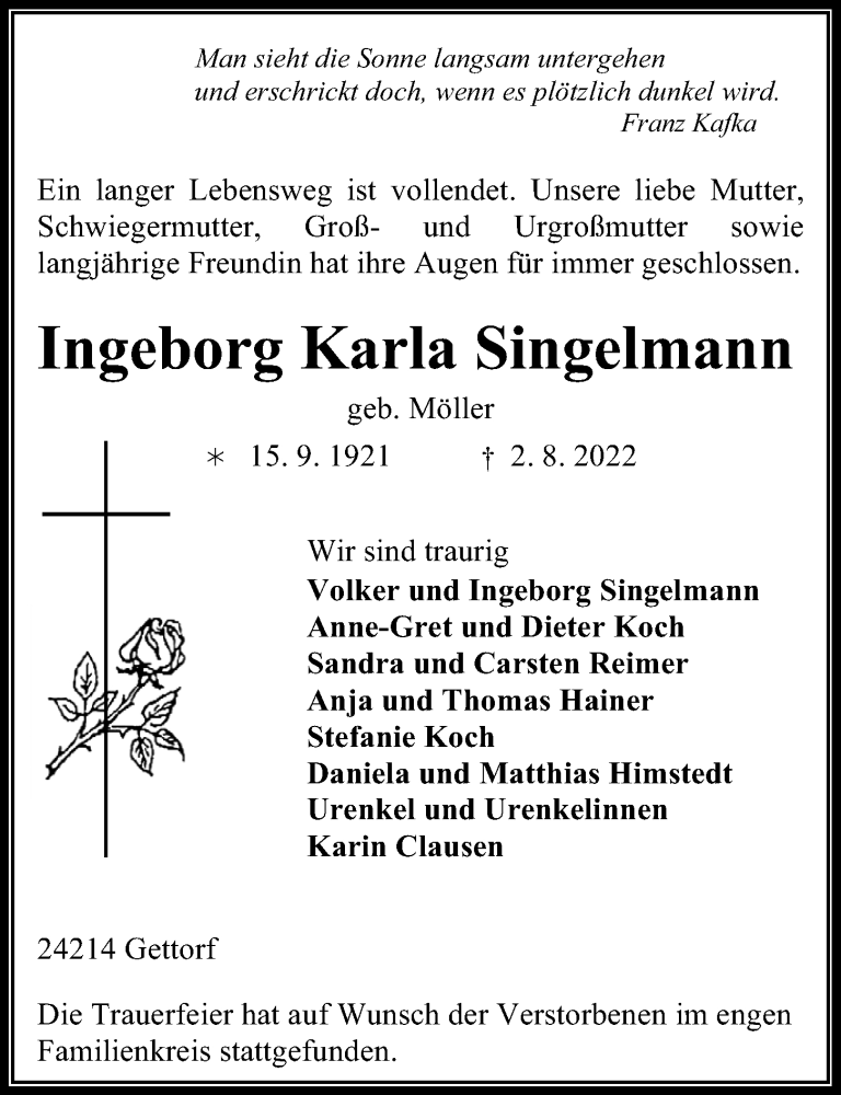  Traueranzeige für Ingeborg Karla Singelmann vom 06.08.2022 aus Kieler Nachrichten