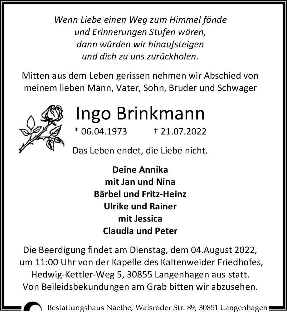  Traueranzeige für Ingo Brinkmann vom 03.08.2022 aus Hannoversche Allgemeine Zeitung/Neue Presse