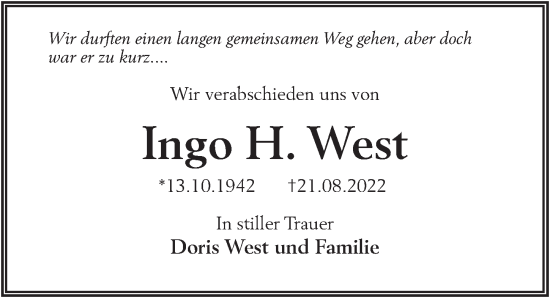Traueranzeige von Ingo H. West von Märkischen Allgemeine Zeitung
