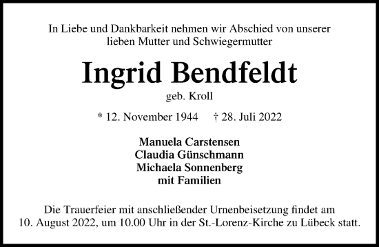 Traueranzeige von Ingrid Bendfeldt von Lübecker Nachrichten