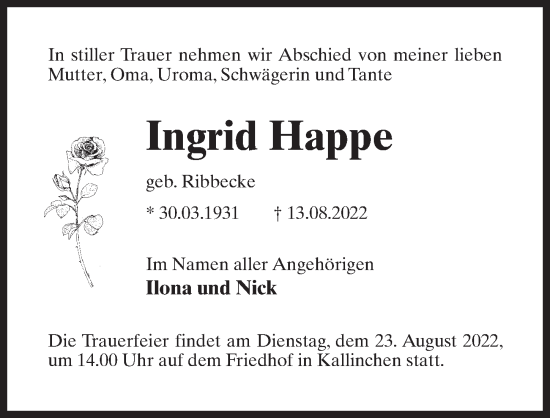 Traueranzeige von Ingrid Happe von Märkischen Allgemeine Zeitung