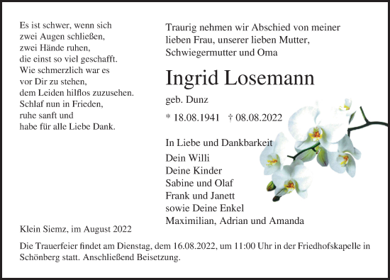 Traueranzeige von Ingrid Losemann von Ostsee-Zeitung GmbH