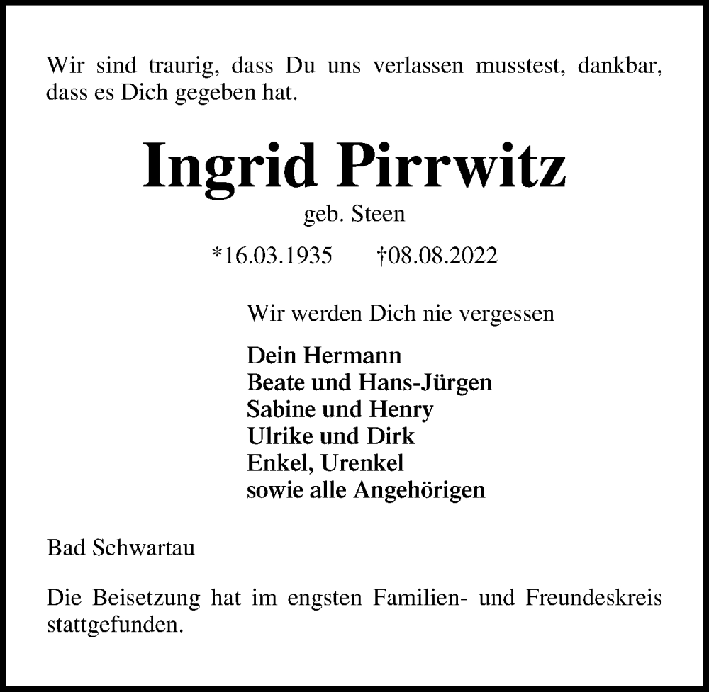  Traueranzeige für Ingrid Pirrwitz vom 28.08.2022 aus Lübecker Nachrichten
