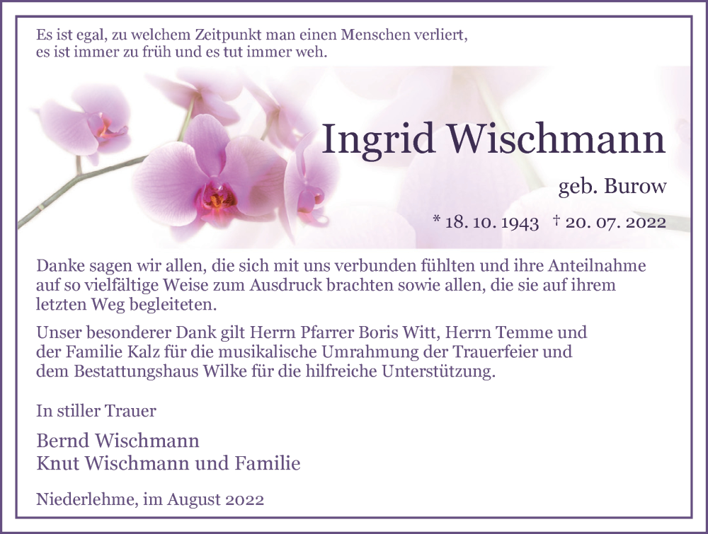  Traueranzeige für Ingrid Wischmann vom 06.08.2022 aus Märkischen Allgemeine Zeitung