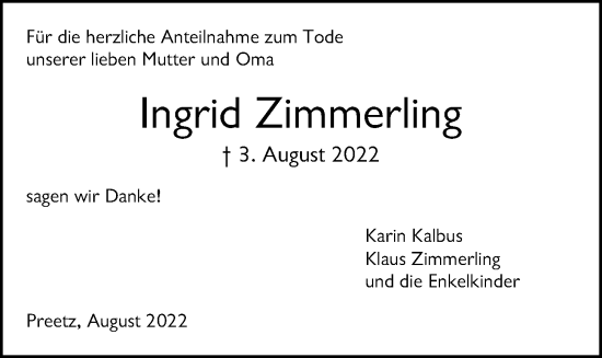 Traueranzeige von Ingrid Zimmerling von Kieler Nachrichten