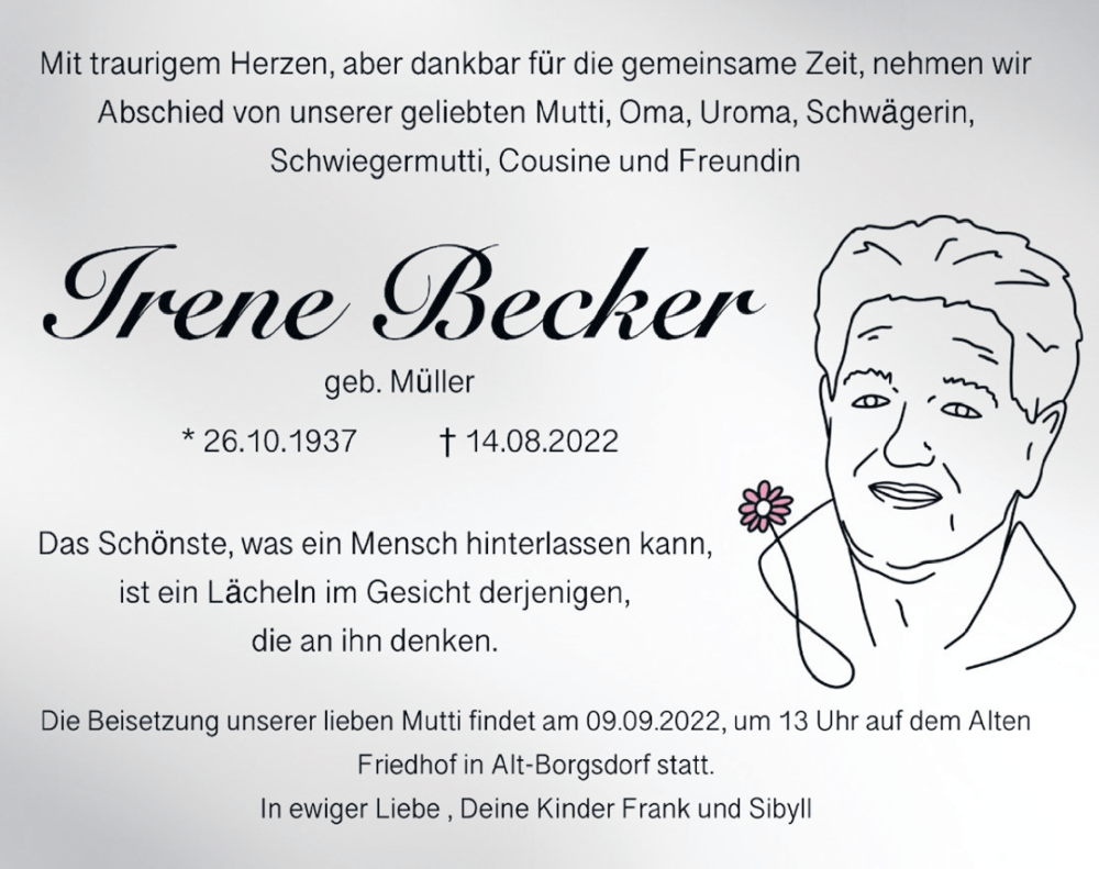  Traueranzeige für Irene Becker vom 27.08.2022 aus Märkischen Allgemeine Zeitung