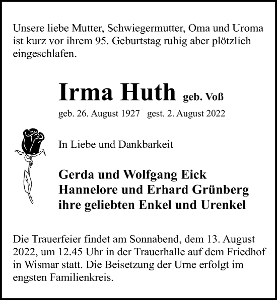 Traueranzeige von Irma Huth von Ostsee-Zeitung GmbH