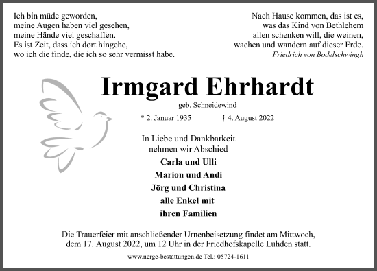 Traueranzeige von Irmgard Ehrhardt von Schaumburger Nachrichten