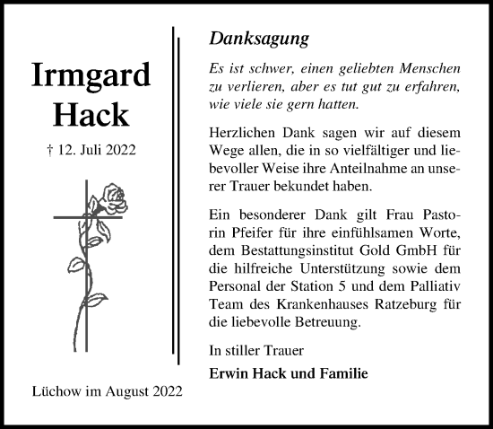Traueranzeige von Irmgard Hack von Lübecker Nachrichten
