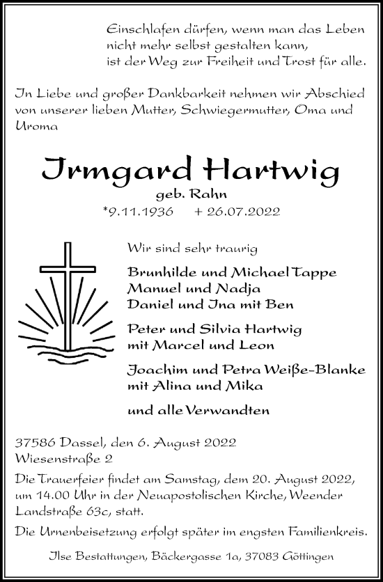 Traueranzeige von Irmgard Hartwig von Göttinger Tageblatt