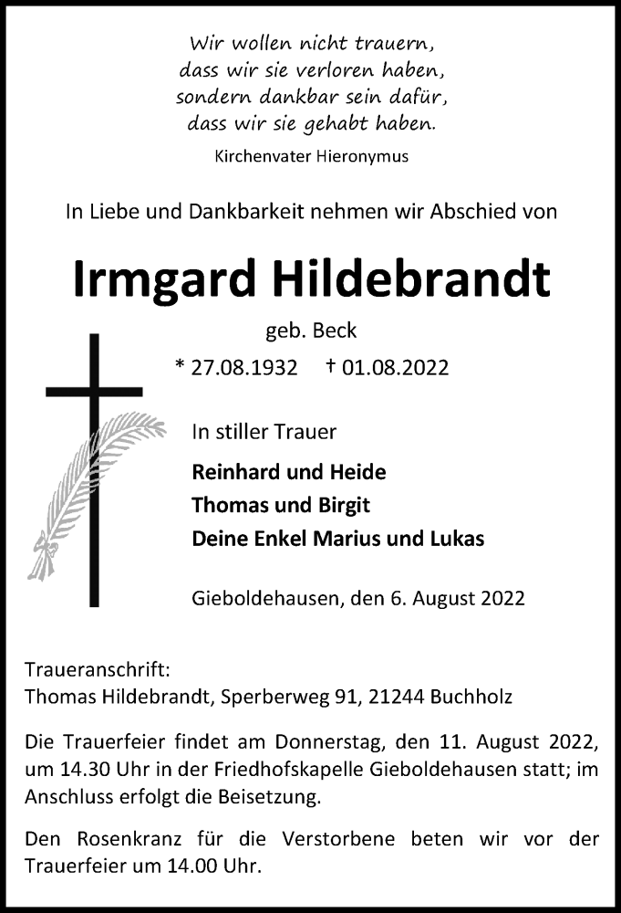  Traueranzeige für Irmgard Hildebrandt vom 06.08.2022 aus Eichsfelder Tageblatt