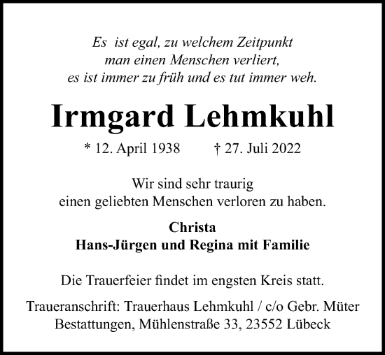 Traueranzeige von Irmgard Lehmkuhl von Lübecker Nachrichten