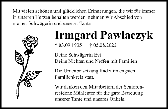 Traueranzeige von Irmgard Pawlaczyk von Lübecker Nachrichten
