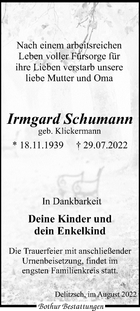 Traueranzeige von Irmgard Schumann von Leipziger Volkszeitung