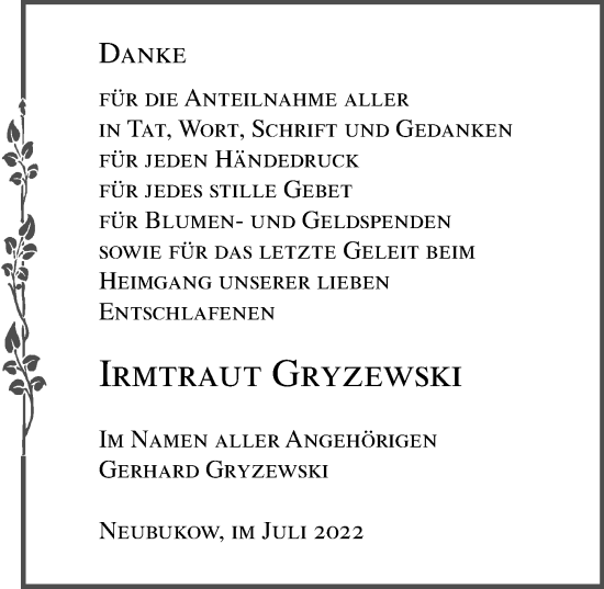 Traueranzeige von Irmtraut Gryzewski von Ostsee-Zeitung GmbH
