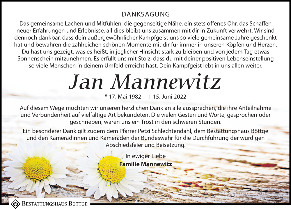  Traueranzeige für Jan Mannewitz vom 16.07.2022 aus Leipziger Volkszeitung
