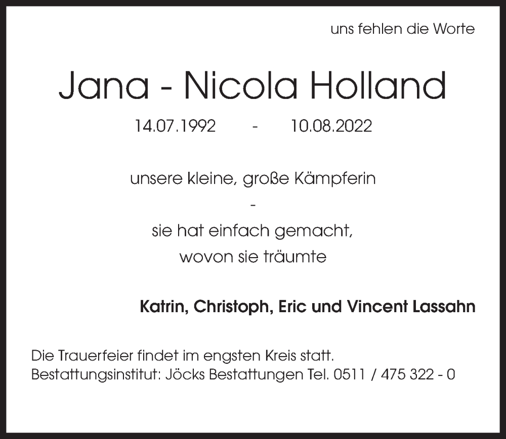  Traueranzeige für Jana-Nicola Holland vom 27.08.2022 aus Hannoversche Allgemeine Zeitung/Neue Presse