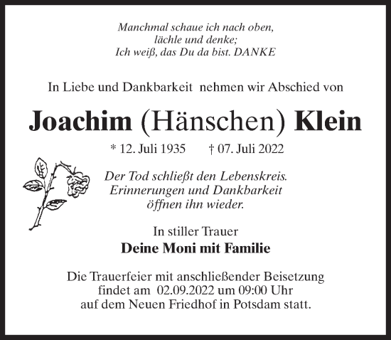 Traueranzeige von Joachim Klein von Märkischen Allgemeine Zeitung