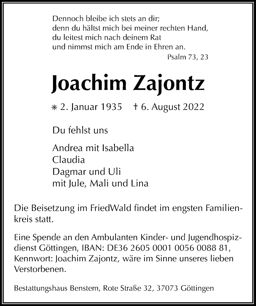  Traueranzeige für Joachim Zajontz vom 13.08.2022 aus Göttinger Tageblatt