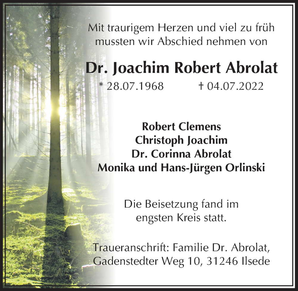  Traueranzeige für Joachim Robert Abrolat vom 20.08.2022 aus Peiner Allgemeine Zeitung