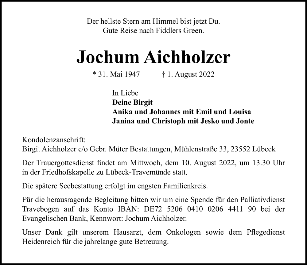  Traueranzeige für Jochum Aichholzer vom 07.08.2022 aus Lübecker Nachrichten