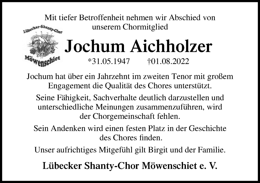  Traueranzeige für Jochum Aichholzer vom 07.08.2022 aus Lübecker Nachrichten