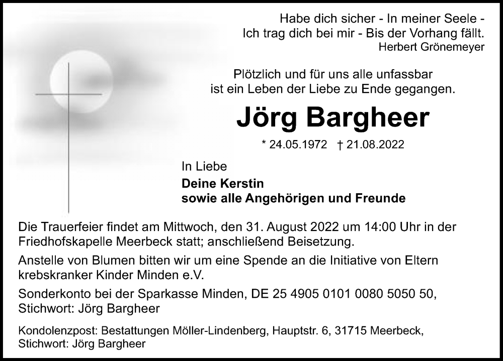  Traueranzeige für Jörg Bargheer vom 27.08.2022 aus Schaumburger Nachrichten