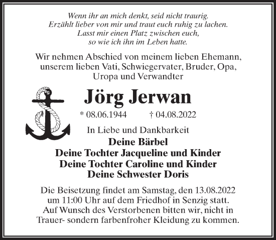 Traueranzeige von Jörg Jerwan