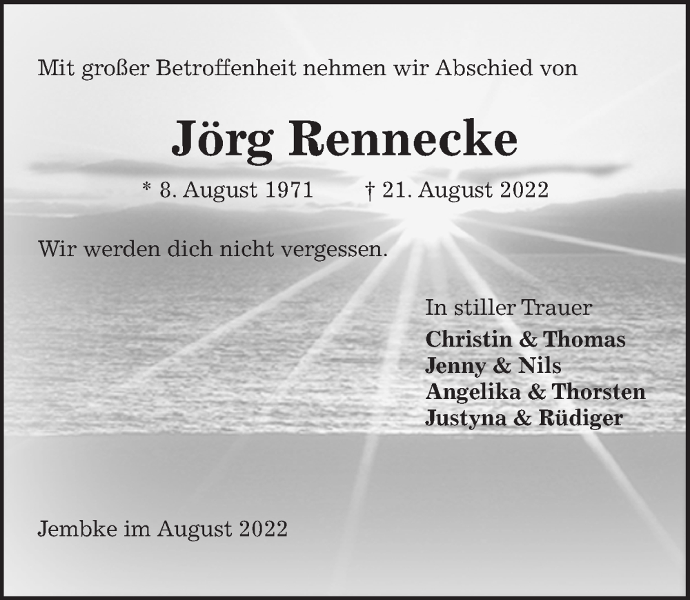  Traueranzeige für Jörg Rennecke vom 31.08.2022 aus Aller Zeitung