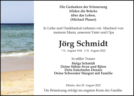 Traueranzeige von Jörg Schmidt von Ostsee-Zeitung GmbH