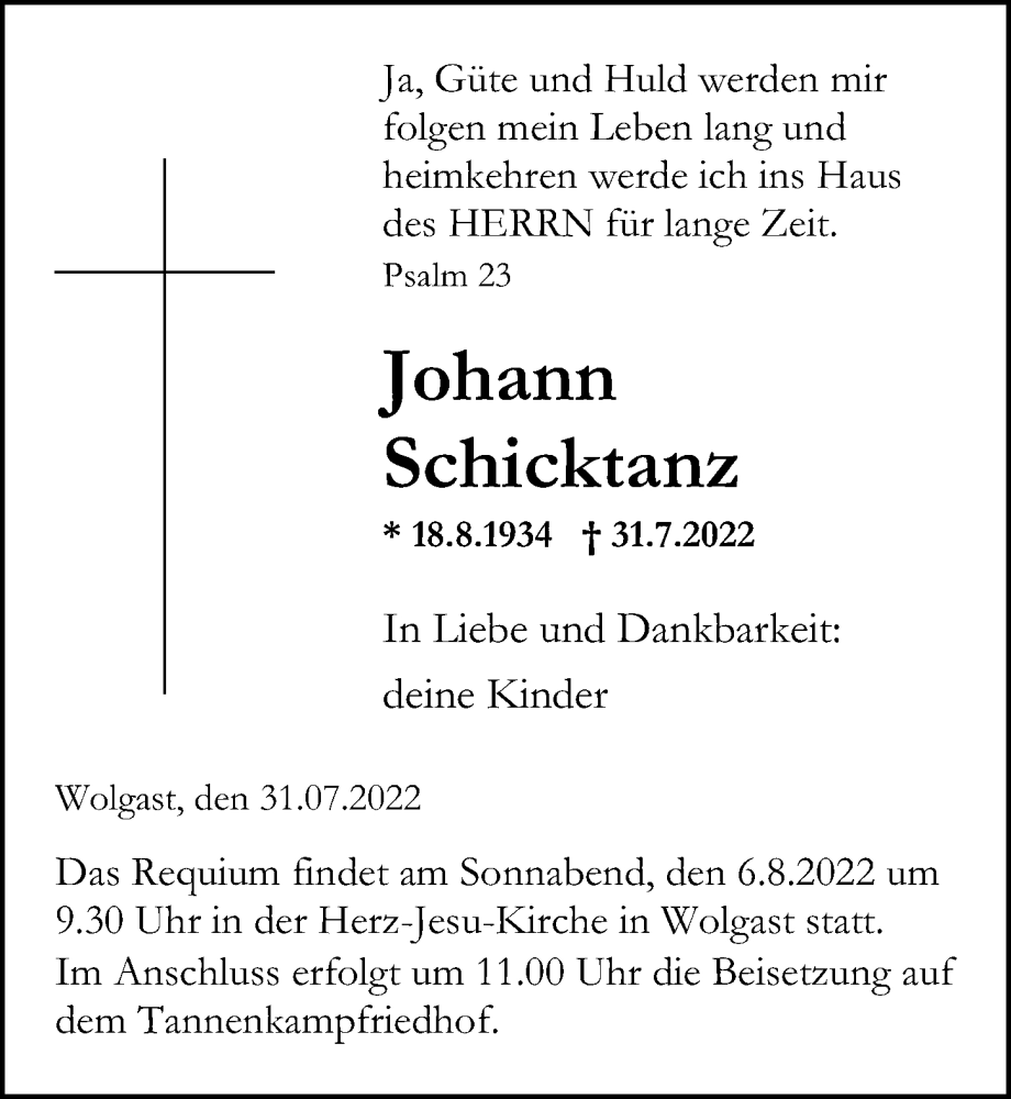  Traueranzeige für Johann Schicktanz vom 04.08.2022 aus Ostsee-Zeitung GmbH