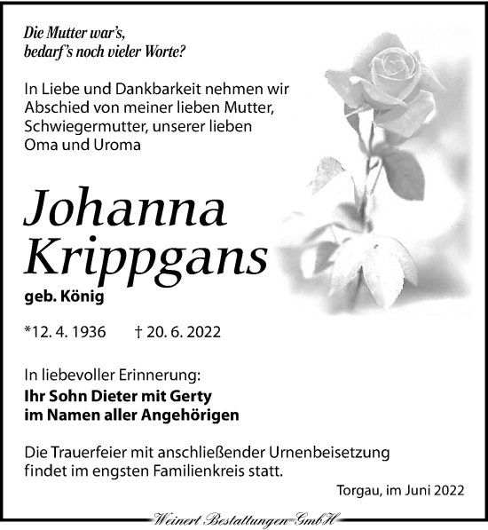 Traueranzeige von Johanna Krippgans von Torgauer Zeitung