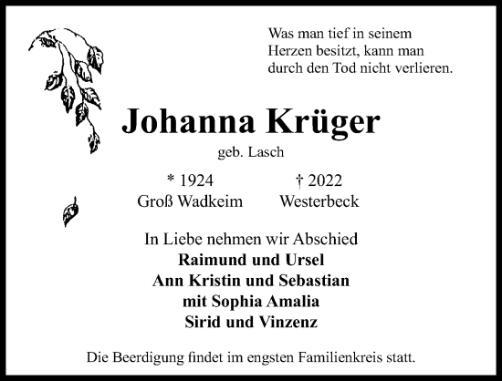 Traueranzeige von Johanna Krüger von Aller Zeitung