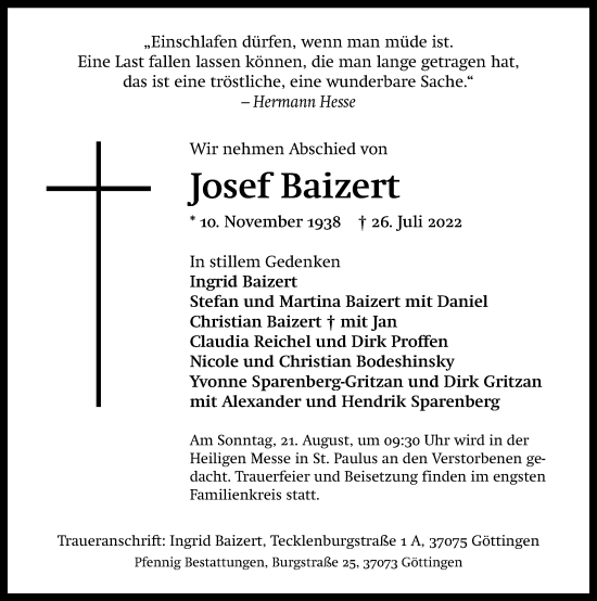 Traueranzeige von Josef Baizert von Göttinger Tageblatt