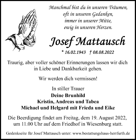 Traueranzeige von Josef Mattausch von Märkischen Allgemeine Zeitung