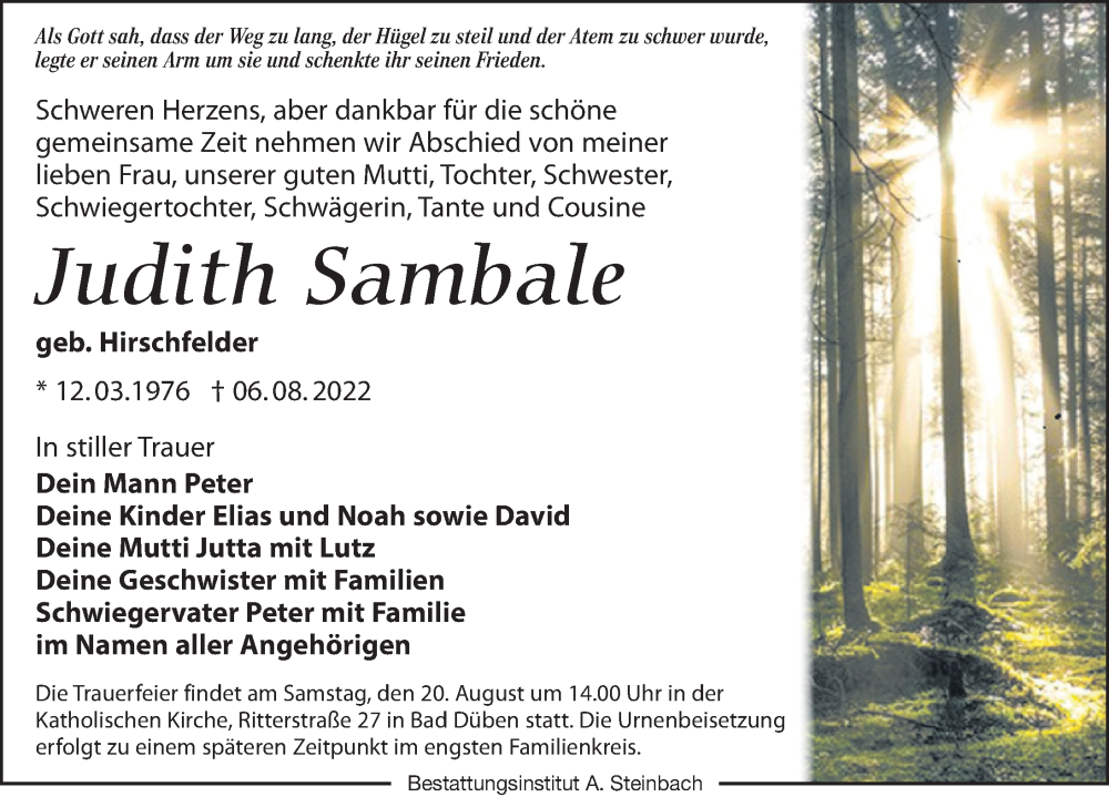  Traueranzeige für Judith Sambale vom 13.08.2022 aus Leipziger Volkszeitung
