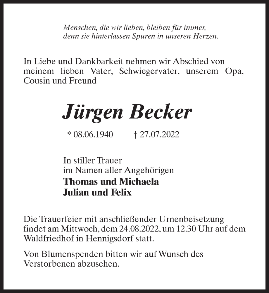  Traueranzeige für Jürgen Becker vom 13.08.2022 aus Märkischen Allgemeine Zeitung