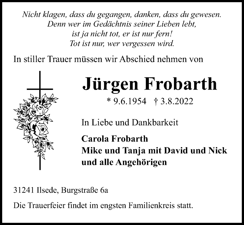  Traueranzeige für Jürgen Frobarth vom 06.08.2022 aus Peiner Allgemeine Zeitung