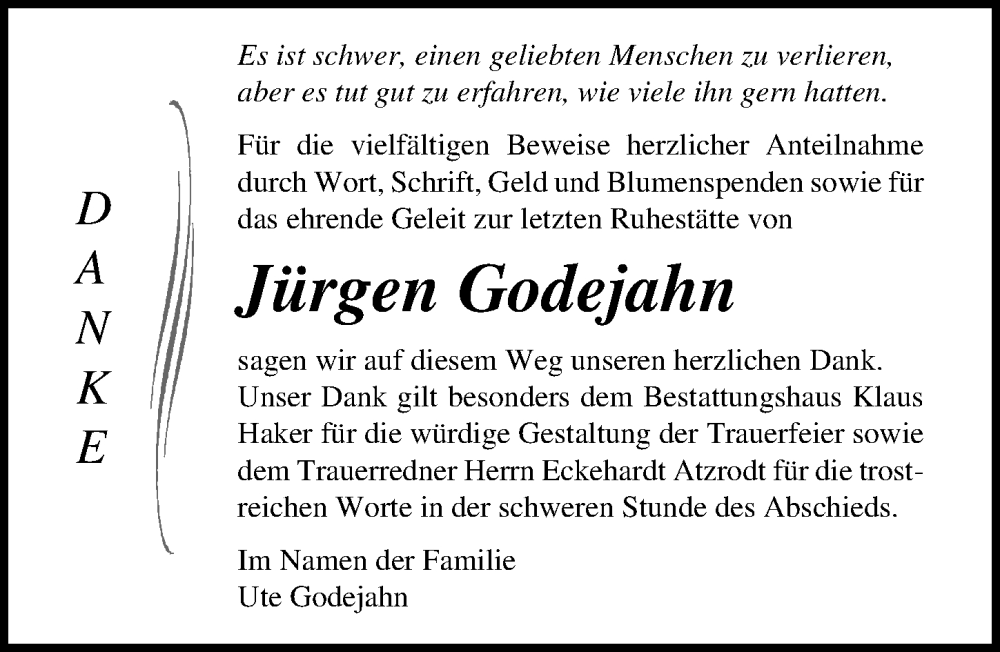  Traueranzeige für Jürgen Godejahn vom 06.08.2022 aus Ostsee-Zeitung GmbH