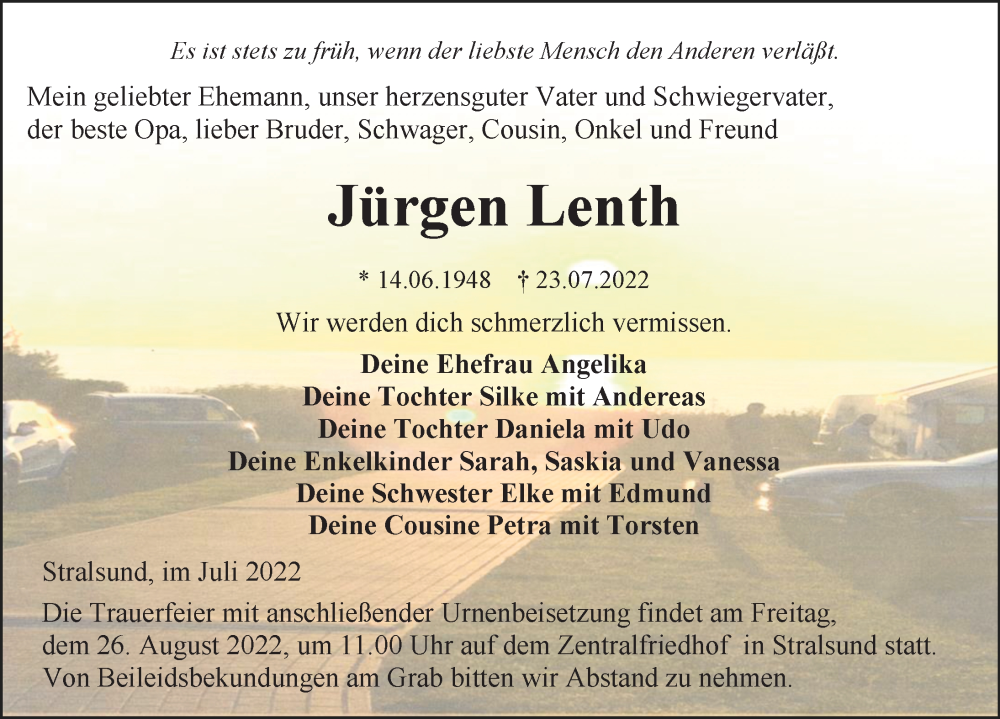  Traueranzeige für Jürgen Lenth vom 06.08.2022 aus Ostsee-Zeitung GmbH