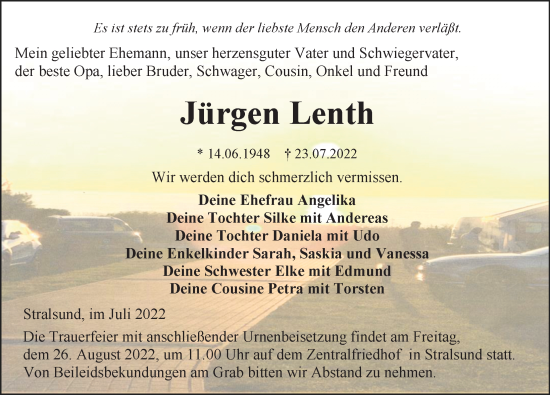 Traueranzeige von Jürgen Lenth von Ostsee-Zeitung GmbH