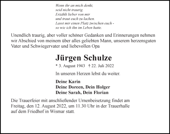 Traueranzeige von Jürgen Schulze von Ostsee-Zeitung GmbH
